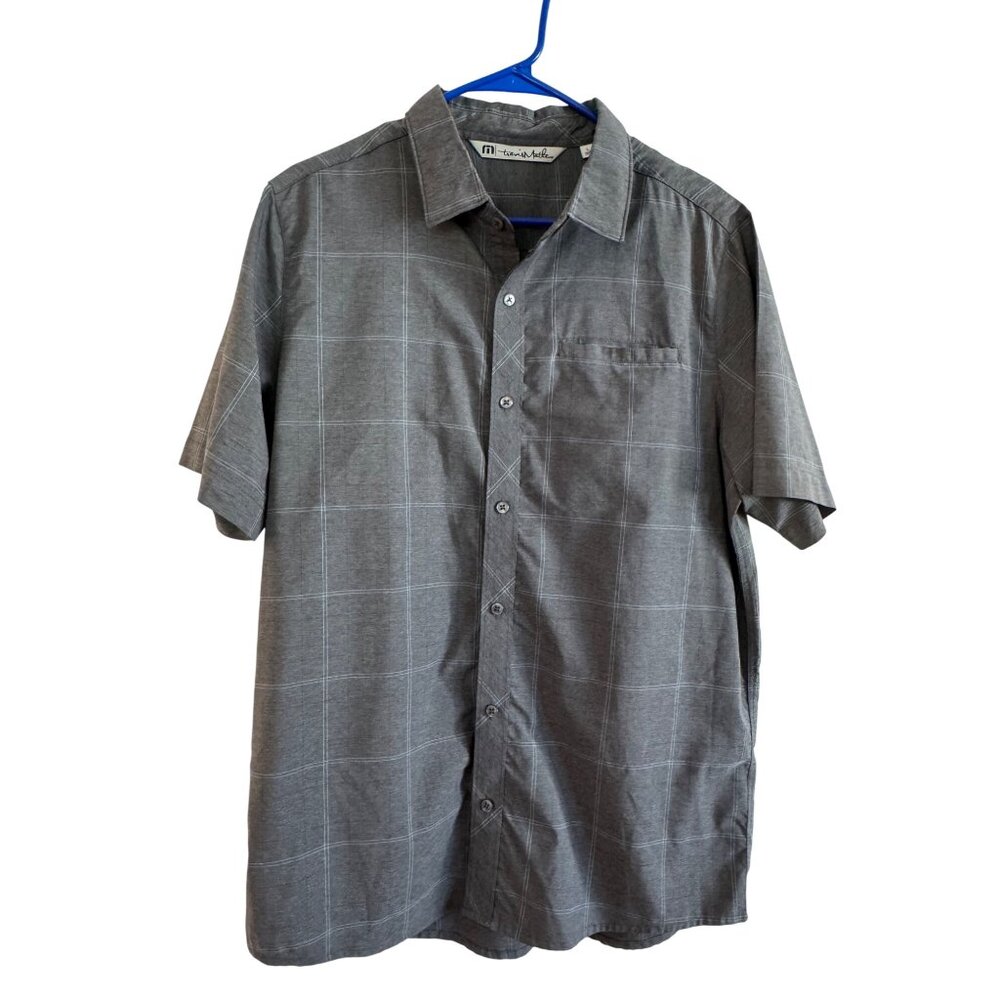 Travis Mathew Button-Up Mens Large Cotton Polyester Gray Checkered Short Sleeve